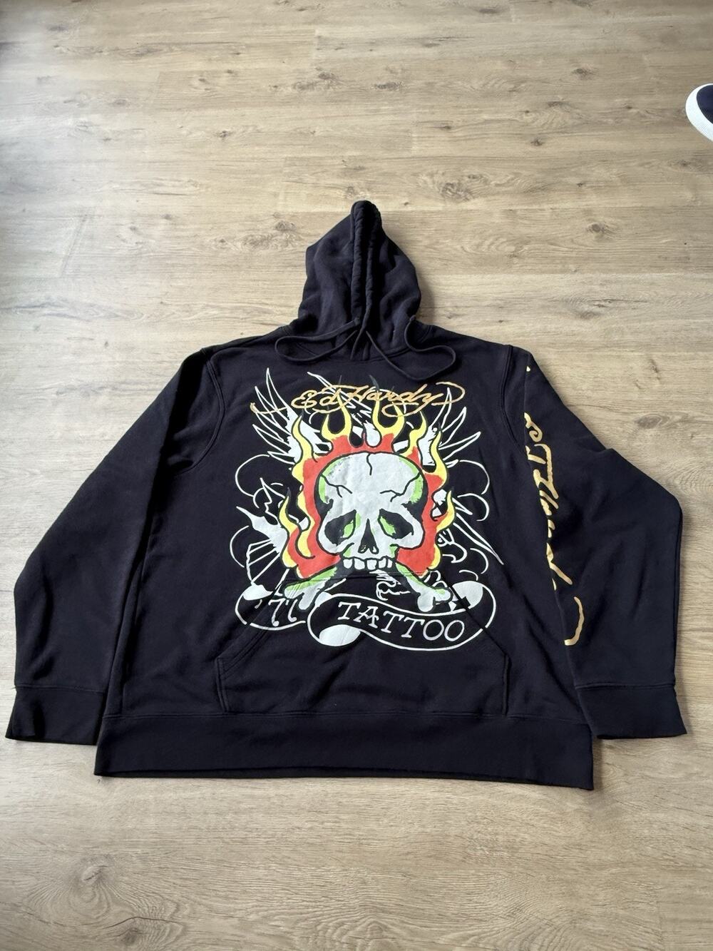 Ed Hardy Tattoo Flaming Skull Hoodie Size XL Black Pullover Graphic Sweater
